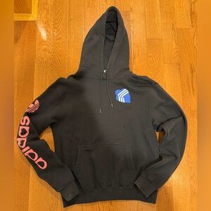 Adidas Black Hoodie with Blue Logo and Pink Sleeve Text
